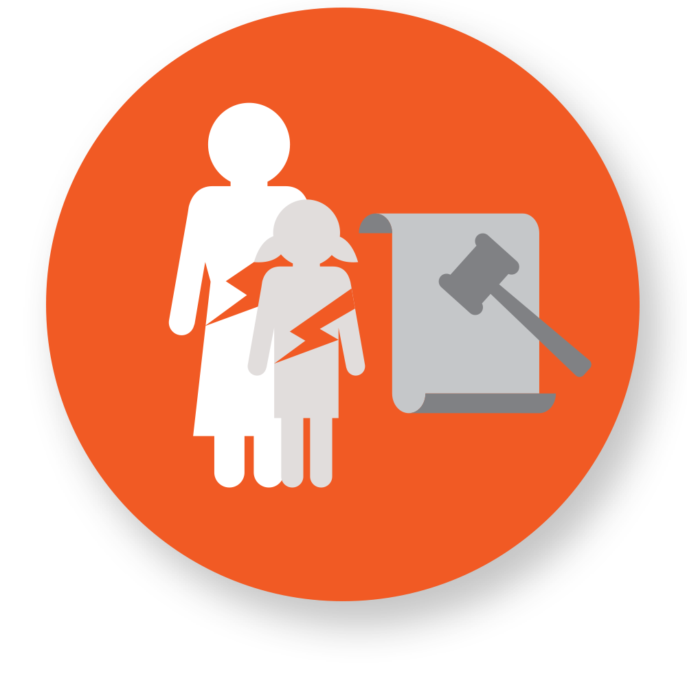 an orange circle with a graphic icon of a woman and a young girl standing with a judicial icon.