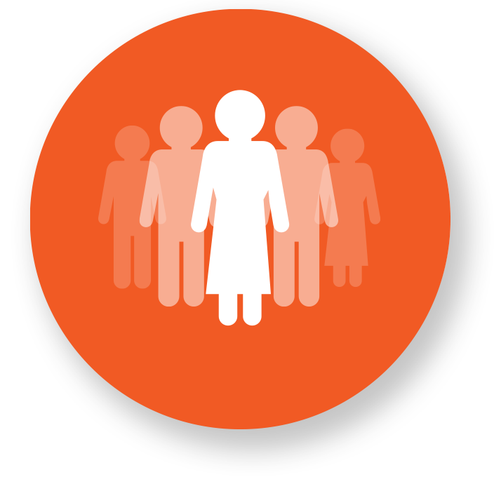 An orange circle with graphic icons of women in white in the centre.