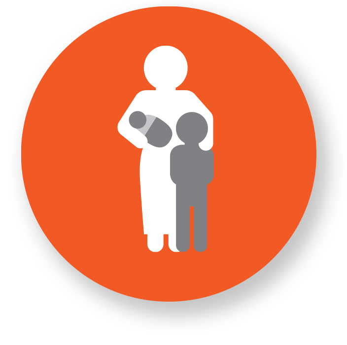 an orange circle with a graphic icon of a mother holding a baby and a small boy.