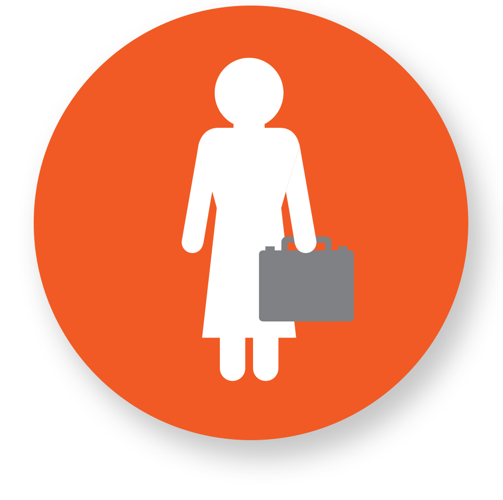 An orange circle with a graphic icon of a woman holding a briefcase.