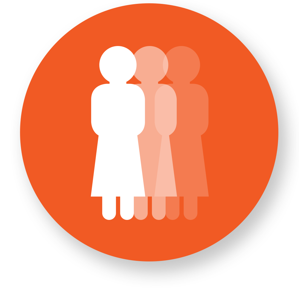 An orange circle with a graphic icon of 3 women standing together.