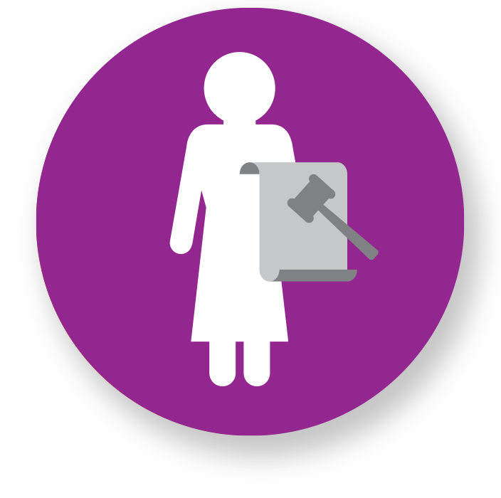 A purple circle with a graphic icon of a woman and a judicial icon.