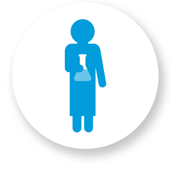 A white circle with a graphic icon of a woman holding a science beaker