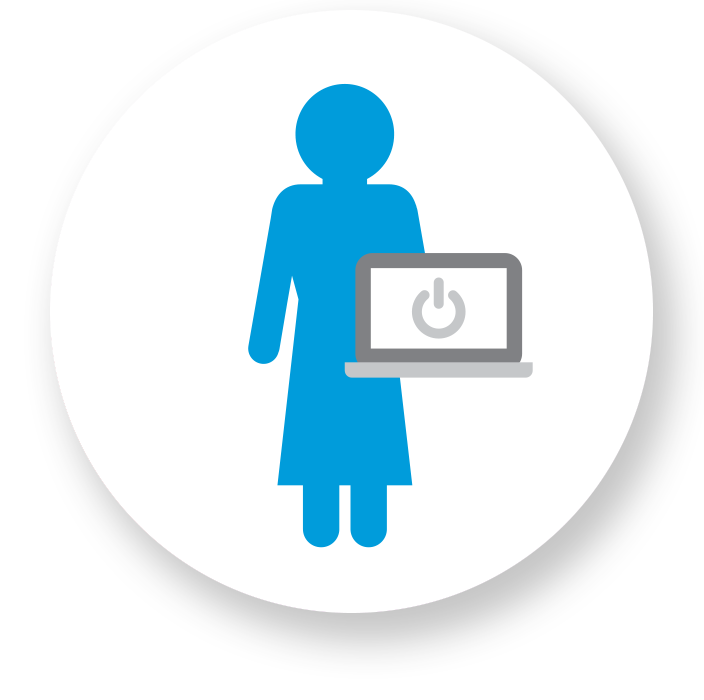 A white circle with a graphic icon of a woman holding a laptop computer.